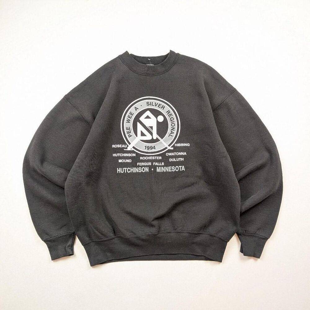 Vintage 90s Minnesota Hockey Black Heavyweight Crewneck Sweatshirt Hutchinson MN